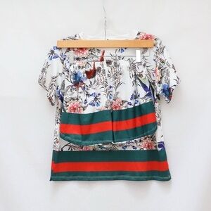 New 2 piece set white floral print t-shirt top shorts birds pyjamas athleisure S